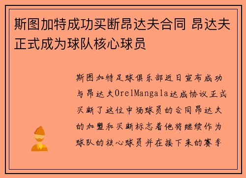 斯图加特成功买断昂达夫合同 昂达夫正式成为球队核心球员